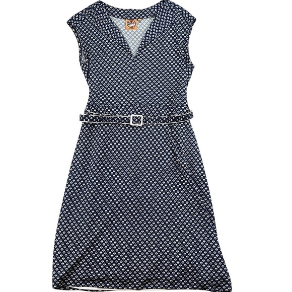 Tory Burch Dresses & Skirts - Tory Burch Navy Blue White Geometric Print V-Neck Belted Dress Womens Medium